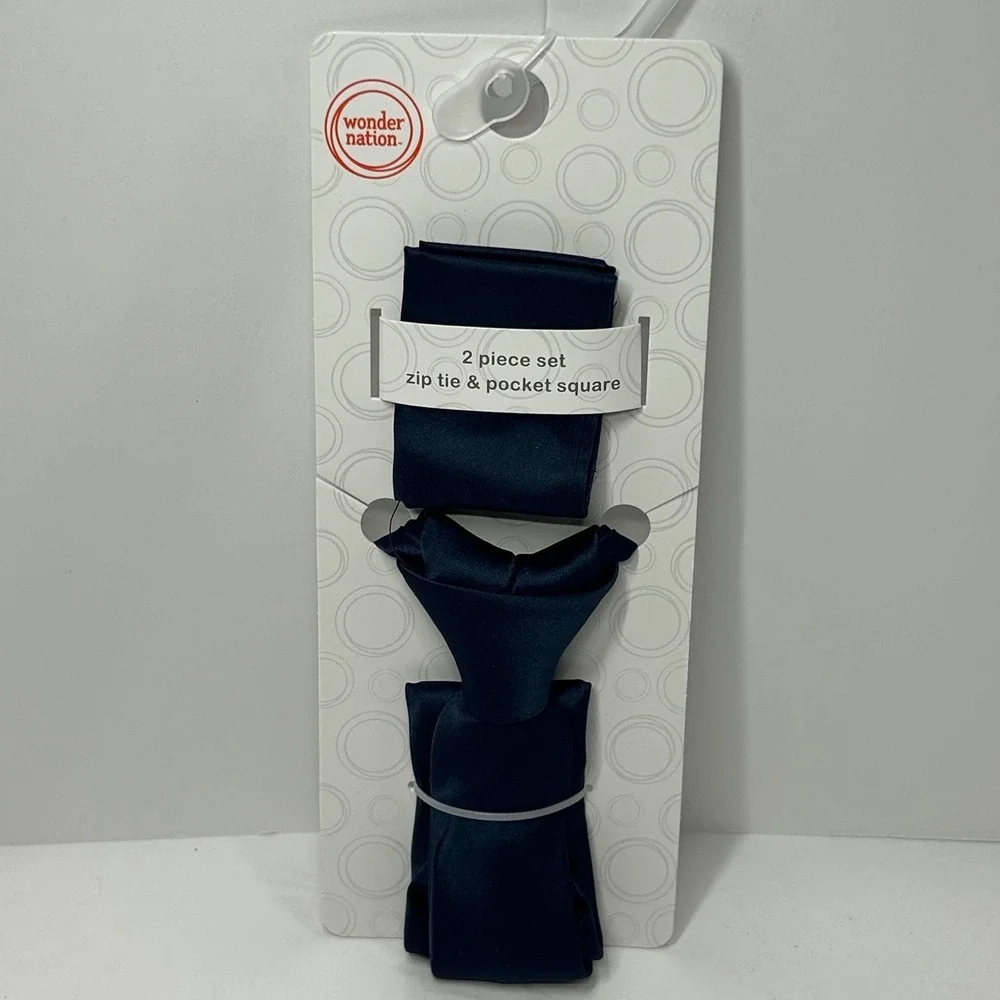 Wonder Nation Boys Navy Blue Zip Tie and Pocket Square 2 Piece Set NEW Dress